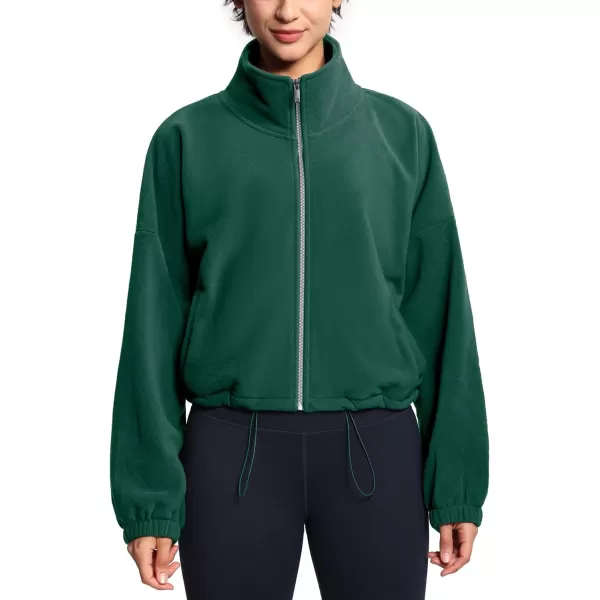 THE GYM PEOPLE Womens Fleece Short Jacket Full Zip Stand Collar Warm Winter Sherpa Crop Coats with Drawstring HemDrak Green