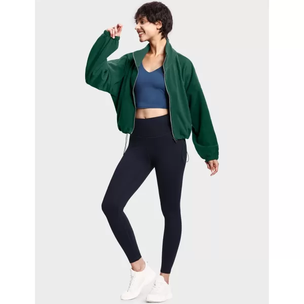 THE GYM PEOPLE Womens Fleece Short Jacket Full Zip Stand Collar Warm Winter Sherpa Crop Coats with Drawstring HemDrak Green