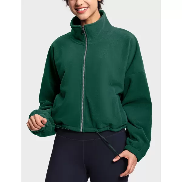 THE GYM PEOPLE Womens Fleece Short Jacket Full Zip Stand Collar Warm Winter Sherpa Crop Coats with Drawstring HemDrak Green