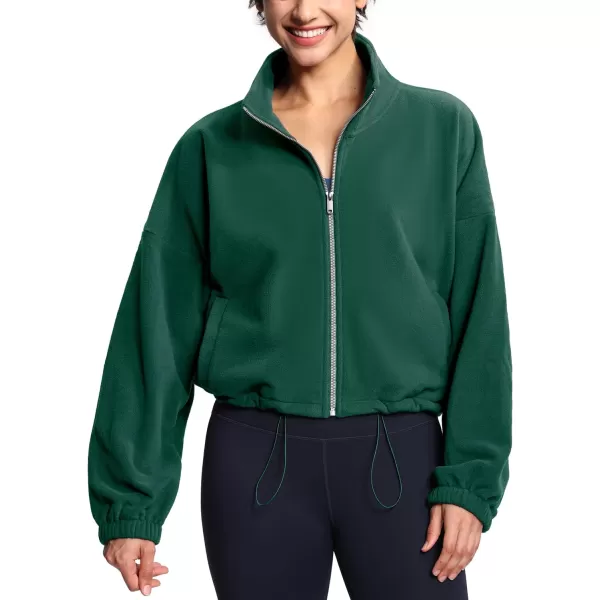 THE GYM PEOPLE Womens Fleece Short Jacket Full Zip Stand Collar Warm Winter Sherpa Crop Coats with Drawstring HemDrak Green