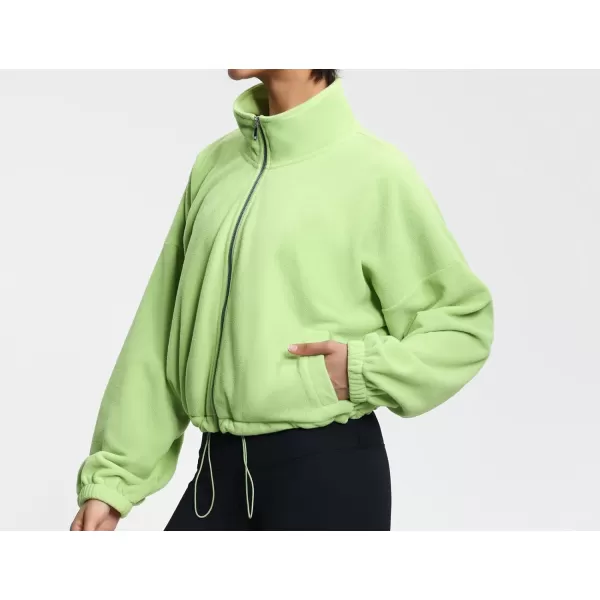 THE GYM PEOPLE Womens Fleece Short Jacket Full Zip Stand Collar Warm Winter Sherpa Crop Coats with Drawstring HemLight Green