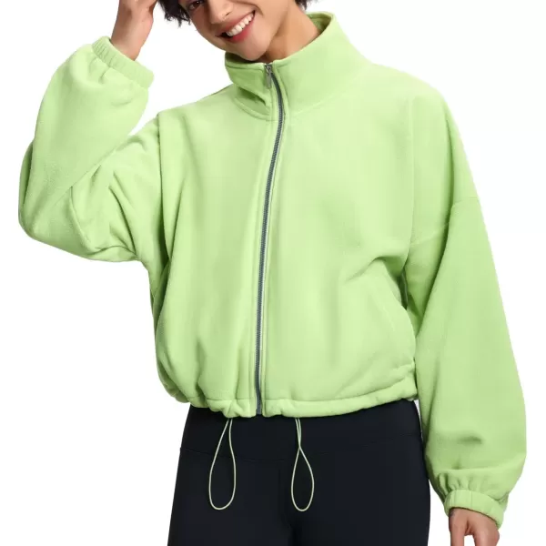 THE GYM PEOPLE Womens Fleece Short Jacket Full Zip Stand Collar Warm Winter Sherpa Crop Coats with Drawstring HemLight Green