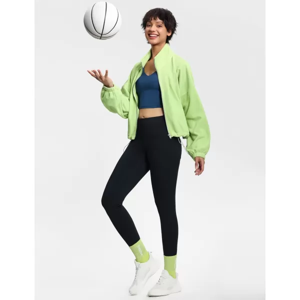 THE GYM PEOPLE Womens Fleece Short Jacket Full Zip Stand Collar Warm Winter Sherpa Crop Coats with Drawstring HemLight Green