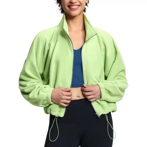 THE GYM PEOPLE Womens Fleece Short Jacket Full Zip Stand Collar Warm Winter Sherpa Crop Coats with Drawstring HemLight Green