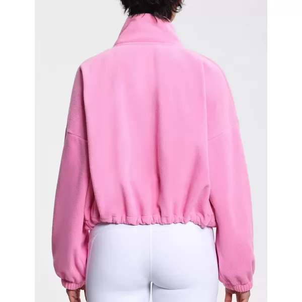 THE GYM PEOPLE Womens Fleece Short Jacket Full Zip Stand Collar Warm Winter Sherpa Crop Coats with Drawstring HemPink