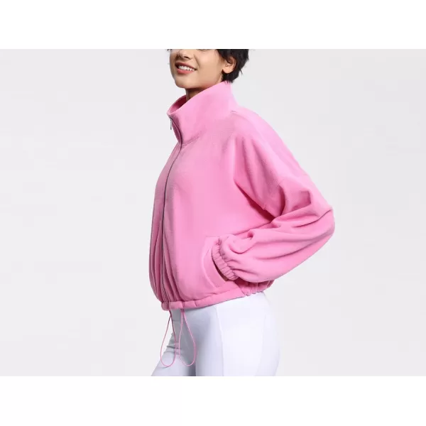 THE GYM PEOPLE Womens Fleece Short Jacket Full Zip Stand Collar Warm Winter Sherpa Crop Coats with Drawstring HemPink