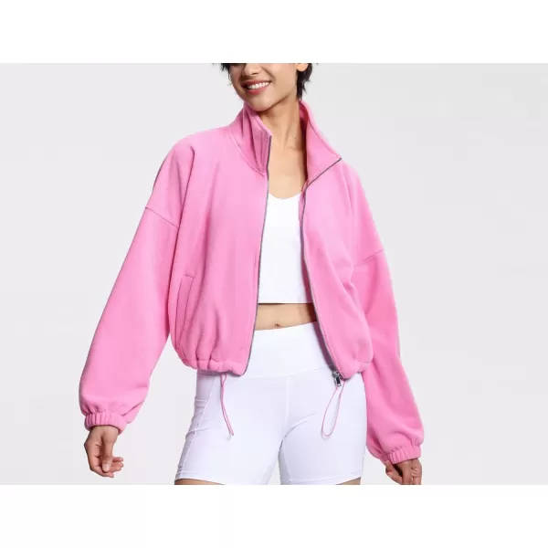 THE GYM PEOPLE Womens Fleece Short Jacket Full Zip Stand Collar Warm Winter Sherpa Crop Coats with Drawstring HemPink