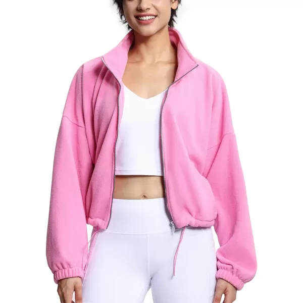 THE GYM PEOPLE Womens Fleece Short Jacket Full Zip Stand Collar Warm Winter Sherpa Crop Coats with Drawstring HemPink
