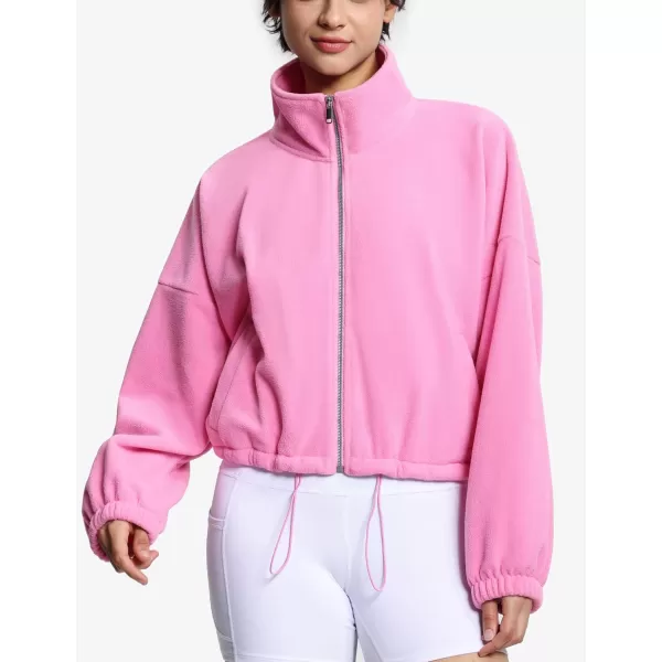 THE GYM PEOPLE Womens Fleece Short Jacket Full Zip Stand Collar Warm Winter Sherpa Crop Coats with Drawstring HemPink