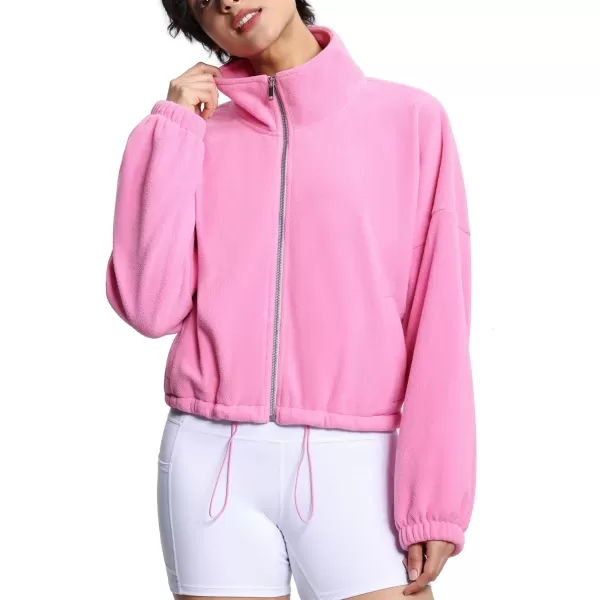 THE GYM PEOPLE Womens Fleece Short Jacket Full Zip Stand Collar Warm Winter Sherpa Crop Coats with Drawstring HemPink