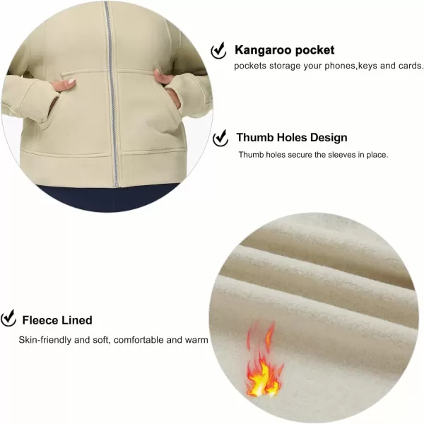 THE GYM PEOPLE Womens FullZip Up Hoodies Jacket Fleece Workout Crop Tops Sweatshirts with Pockets Thumb HoleApricot