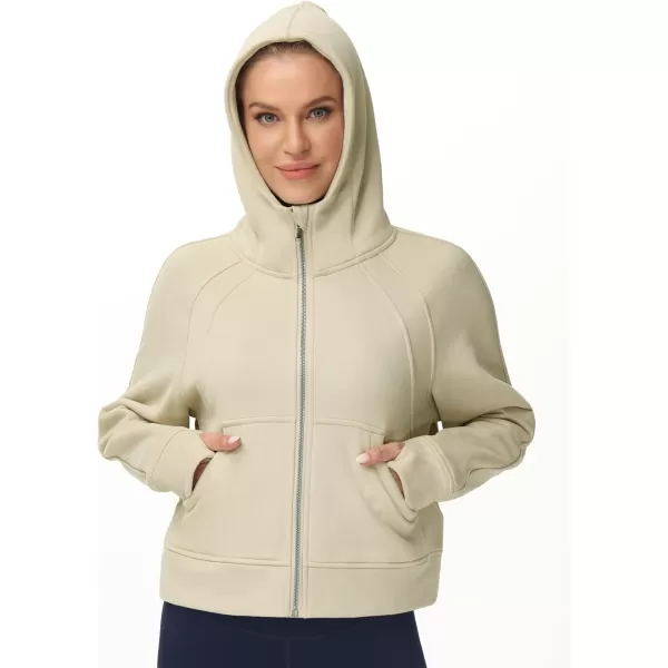 THE GYM PEOPLE Womens FullZip Up Hoodies Jacket Fleece Workout Crop Tops Sweatshirts with Pockets Thumb HoleApricot