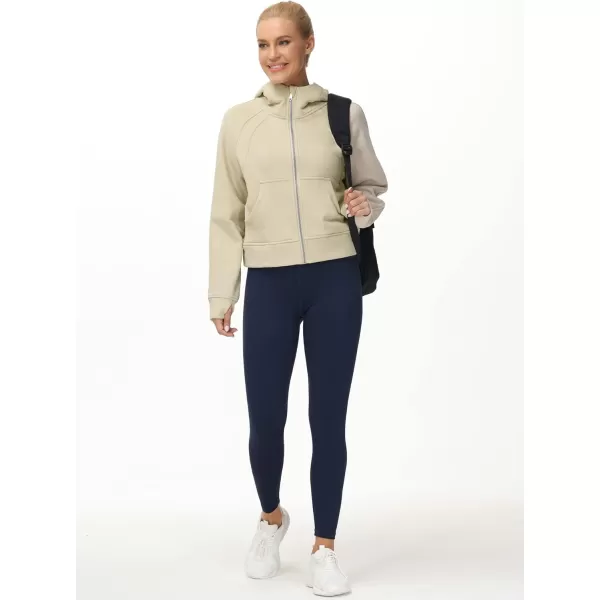 THE GYM PEOPLE Womens FullZip Up Hoodies Jacket Fleece Workout Crop Tops Sweatshirts with Pockets Thumb HoleApricot