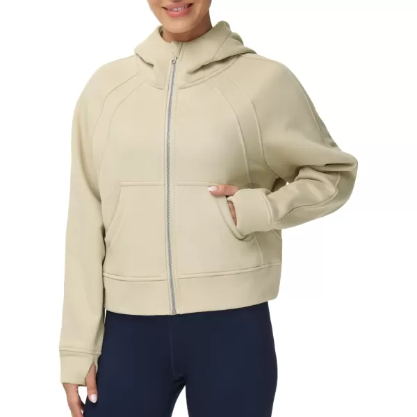 THE GYM PEOPLE Womens FullZip Up Hoodies Jacket Fleece Workout Crop Tops Sweatshirts with Pockets Thumb HoleApricot