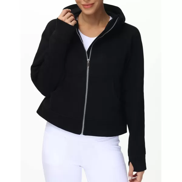 THE GYM PEOPLE Womens FullZip Up Hoodies Jacket Fleece Workout Crop Tops Sweatshirts with Pockets Thumb HoleBlack