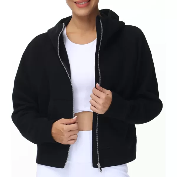 THE GYM PEOPLE Womens FullZip Up Hoodies Jacket Fleece Workout Crop Tops Sweatshirts with Pockets Thumb HoleBlack