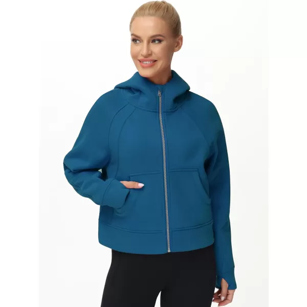 THE GYM PEOPLE Womens FullZip Up Hoodies Jacket Fleece Workout Crop Tops Sweatshirts with Pockets Thumb HoleDark Blue Green