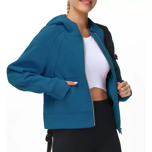 THE GYM PEOPLE Womens FullZip Up Hoodies Jacket Fleece Workout Crop Tops Sweatshirts with Pockets Thumb HoleDark Blue Green