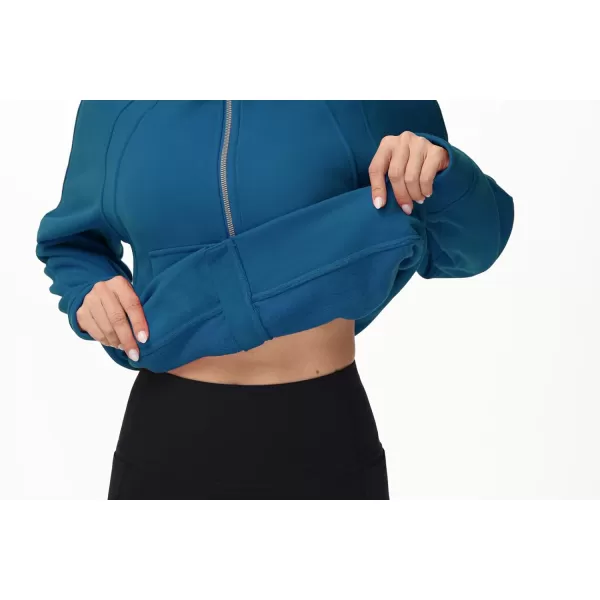 THE GYM PEOPLE Womens FullZip Up Hoodies Jacket Fleece Workout Crop Tops Sweatshirts with Pockets Thumb HoleDark Blue Green
