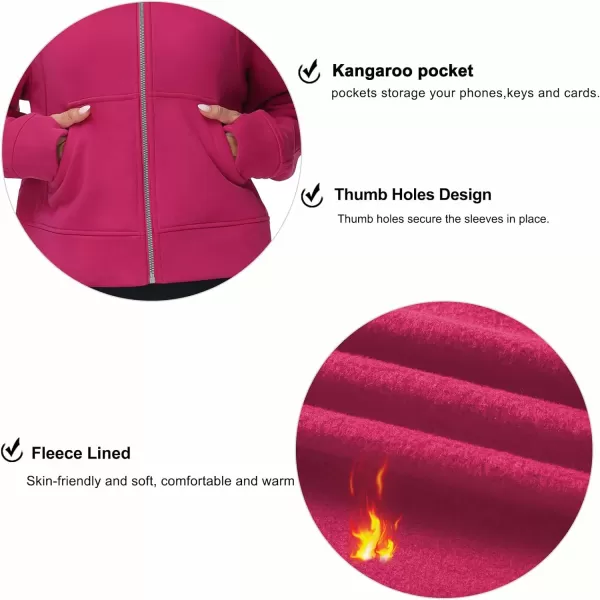 THE GYM PEOPLE Womens FullZip Up Hoodies Jacket Fleece Workout Crop Tops Sweatshirts with Pockets Thumb HolePitaya Red