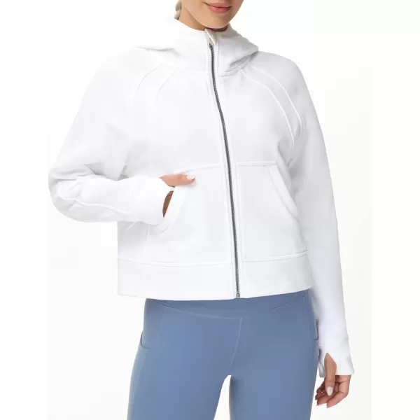 THE GYM PEOPLE Womens FullZip Up Hoodies Jacket Fleece Workout Crop Tops Sweatshirts with Pockets Thumb HoleWhite