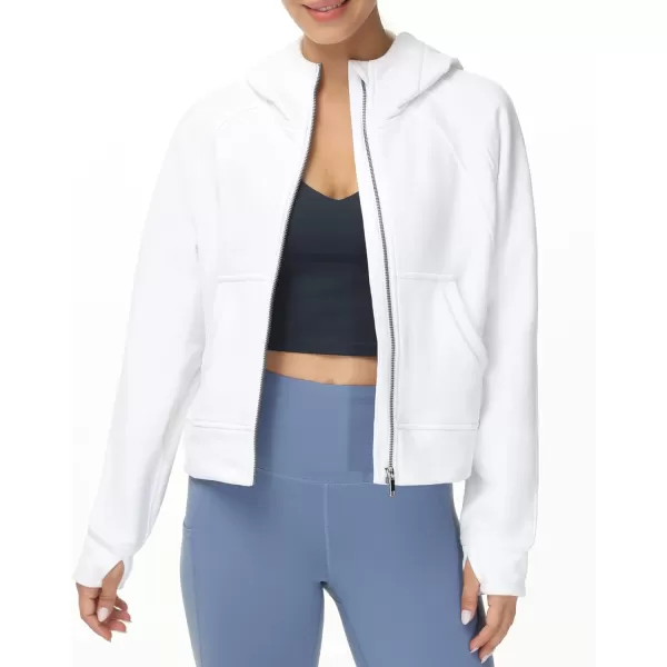 THE GYM PEOPLE Womens FullZip Up Hoodies Jacket Fleece Workout Crop Tops Sweatshirts with Pockets Thumb HoleWhite