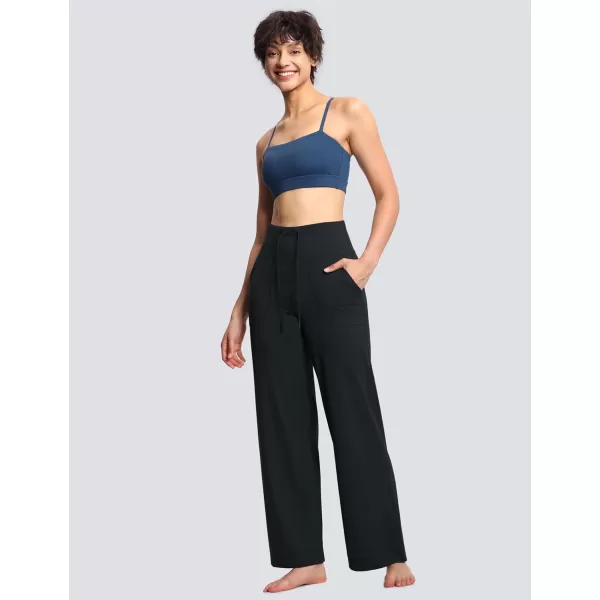 THE GYM PEOPLE Womens Wide Leg Yoga Pants High Waist Loose Stretch Palazzo Lounge Pant with Pockets DrawstringBlack