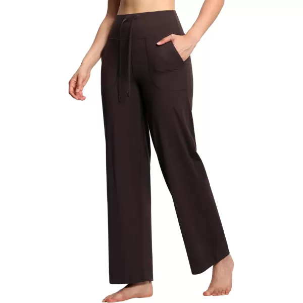 THE GYM PEOPLE Womens Wide Leg Yoga Pants High Waist Loose Stretch Palazzo Lounge Pant with Pockets DrawstringBrown