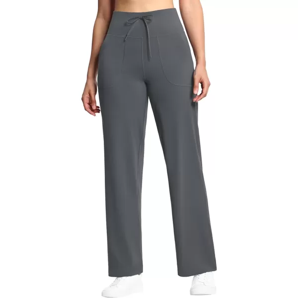 THE GYM PEOPLE Womens Wide Leg Yoga Pants High Waist Loose Stretch Palazzo Lounge Pant with Pockets DrawstringDark Grey