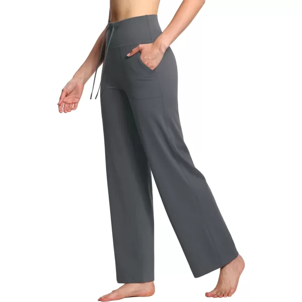 THE GYM PEOPLE Womens Wide Leg Yoga Pants High Waist Loose Stretch Palazzo Lounge Pant with Pockets DrawstringDark Grey