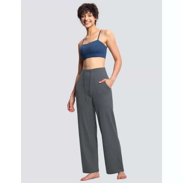 THE GYM PEOPLE Womens Wide Leg Yoga Pants High Waist Loose Stretch Palazzo Lounge Pant with Pockets DrawstringDark Grey