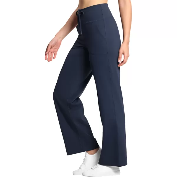 THE GYM PEOPLE Womens Wide Leg Yoga Pants High Waist Loose Stretch Palazzo Lounge Pant with Pockets DrawstringDark Navy Blue