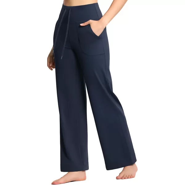 THE GYM PEOPLE Womens Wide Leg Yoga Pants High Waist Loose Stretch Palazzo Lounge Pant with Pockets DrawstringDark Navy Blue