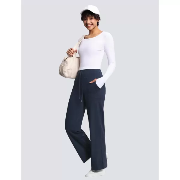 THE GYM PEOPLE Womens Wide Leg Yoga Pants High Waist Loose Stretch Palazzo Lounge Pant with Pockets DrawstringDark Navy Blue