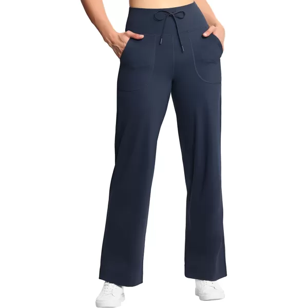 THE GYM PEOPLE Womens Wide Leg Yoga Pants High Waist Loose Stretch Palazzo Lounge Pant with Pockets DrawstringDark Navy Blue