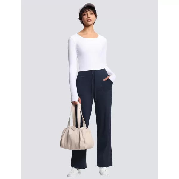 THE GYM PEOPLE Womens Wide Leg Yoga Pants High Waist Loose Stretch Palazzo Lounge Pant with Pockets DrawstringDark Navy Blue