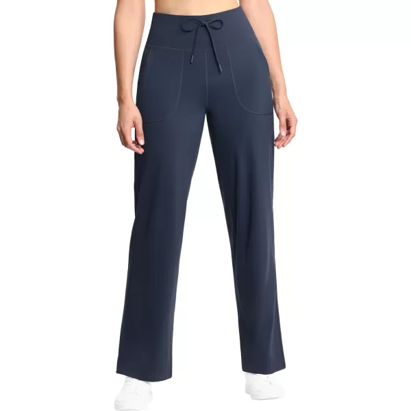 THE GYM PEOPLE Womens Wide Leg Yoga Pants High Waist Loose Stretch Palazzo Lounge Pant with Pockets DrawstringDark Navy Blue