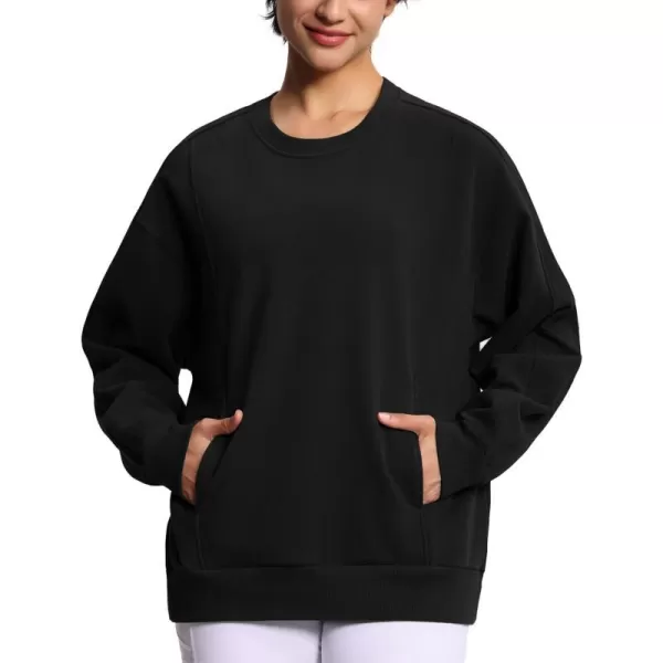 THE GYM PEOPLE Womens Fleece Pullover Sweatshirt Loose Boxy Lounge Long Sleeve Workout Shirt with PocketBlack
