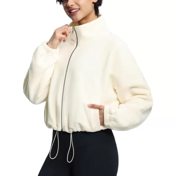 THE GYM PEOPLE Womens Fleece Short Jacket Full Zip Stand Collar Warm Winter Sherpa Crop Coats with Drawstring HemBeige