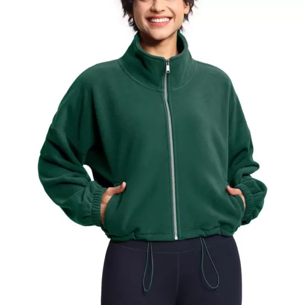 THE GYM PEOPLE Womens Fleece Short Jacket Full Zip Stand Collar Warm Winter Sherpa Crop Coats with Drawstring HemDrak Green