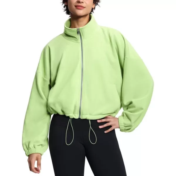 THE GYM PEOPLE Womens Fleece Short Jacket Full Zip Stand Collar Warm Winter Sherpa Crop Coats with Drawstring HemLight Green