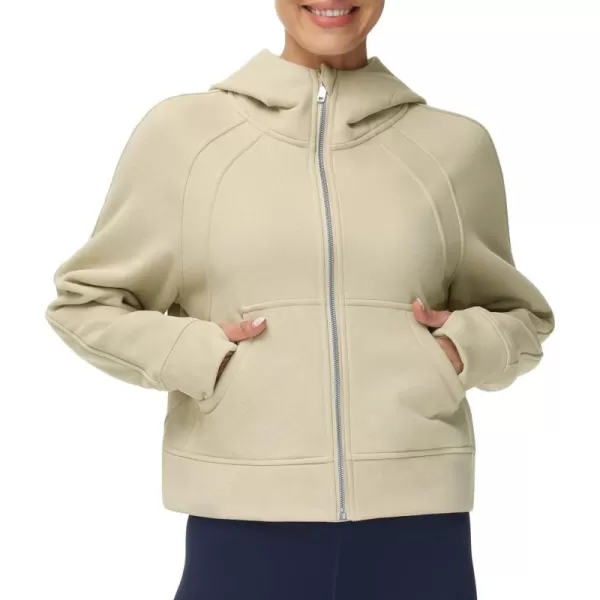 THE GYM PEOPLE Womens FullZip Up Hoodies Jacket Fleece Workout Crop Tops Sweatshirts with Pockets Thumb HoleApricot