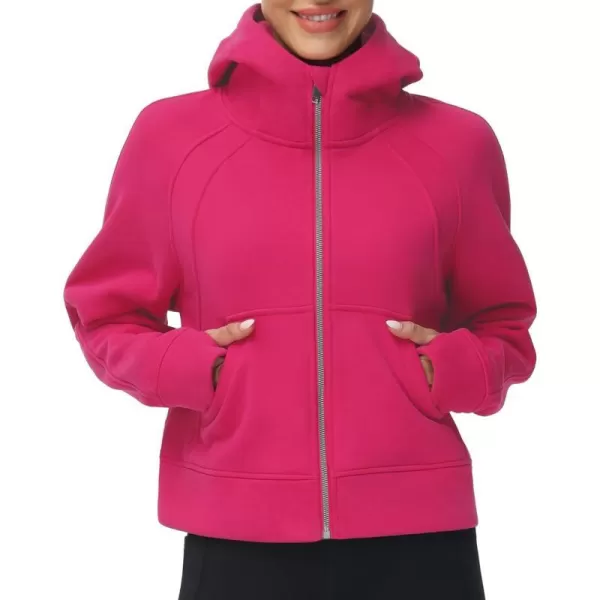 THE GYM PEOPLE Womens FullZip Up Hoodies Jacket Fleece Workout Crop Tops Sweatshirts with Pockets Thumb HoleBright Pink