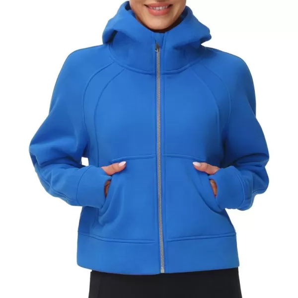 THE GYM PEOPLE Womens FullZip Up Hoodies Jacket Fleece Workout Crop Tops Sweatshirts with Pockets Thumb HoleSea Blue