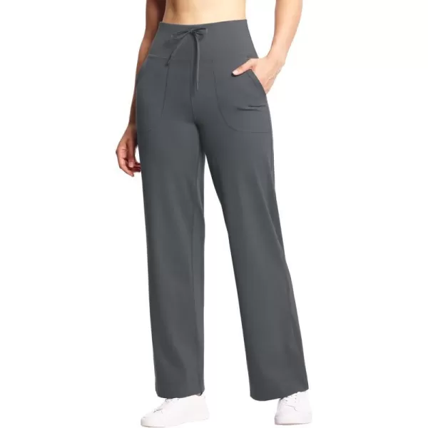 THE GYM PEOPLE Womens Wide Leg Yoga Pants High Waist Loose Stretch Palazzo Lounge Pant with Pockets DrawstringDark Grey