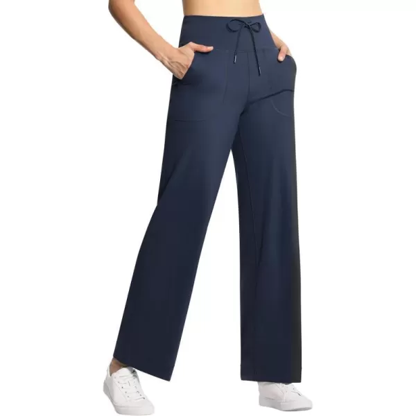 THE GYM PEOPLE Womens Wide Leg Yoga Pants High Waist Loose Stretch Palazzo Lounge Pant with Pockets DrawstringDark Navy Blue