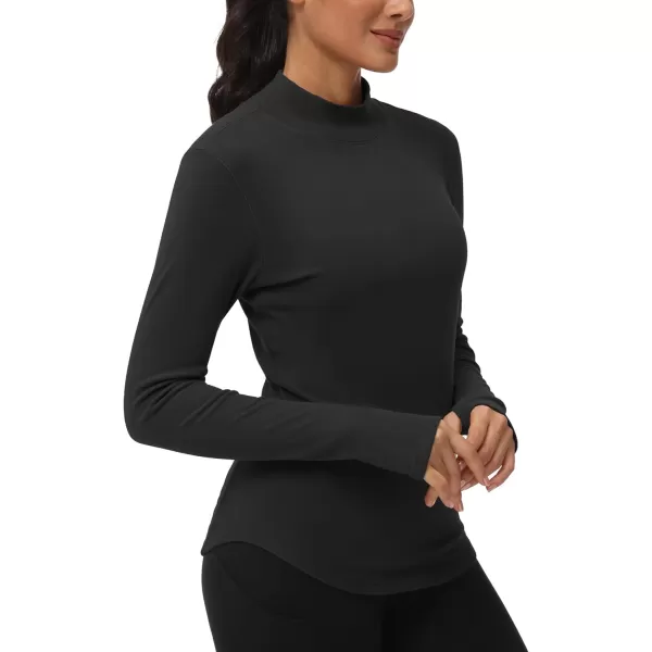 THE GYM PEOPLE Fleece Mock Turtleneck Pullover Base Layer Shirts Long Sleeve Workout Tops with Thumb HoleBlack