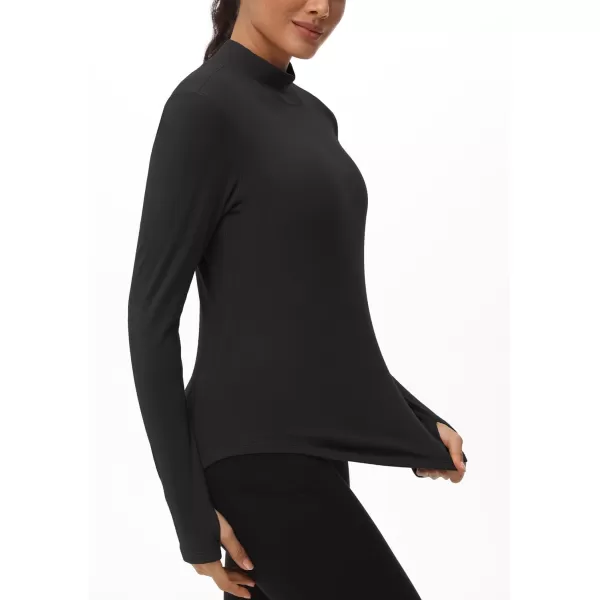 THE GYM PEOPLE Fleece Mock Turtleneck Pullover Base Layer Shirts Long Sleeve Workout Tops with Thumb HoleBlack