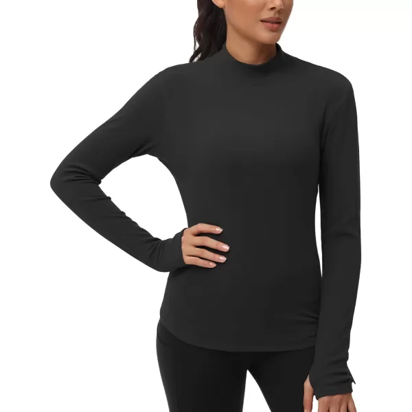 THE GYM PEOPLE Fleece Mock Turtleneck Pullover Base Layer Shirts Long Sleeve Workout Tops with Thumb HoleBlack
