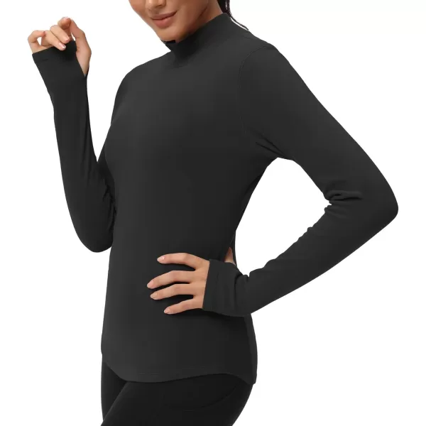 THE GYM PEOPLE Fleece Mock Turtleneck Pullover Base Layer Shirts Long Sleeve Workout Tops with Thumb HoleBlack